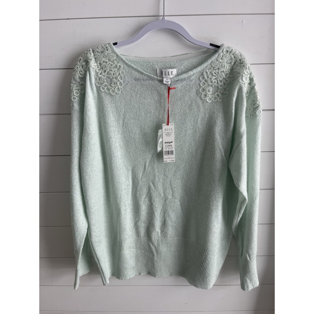 ELLE Sweater NWT Womens XL Mint Metallic Embroidered Lace Shoulder 0549